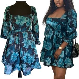 Thirty Thirty Blue Floral Babydoll Sheer Dress 3/4 Sleeve M